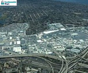 Aerial image of Midway District, looking northwest. Dimmed areas include Old Town, Loma Portal, Liberty Station, Point Loma, and the San Diego River.